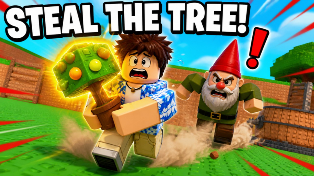 Roblox-Spieler sprintet mit einem leuchtenden Obstbaum vor einem Gartenzwerg in Steal A Tree davon